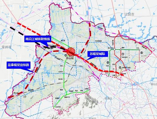 此外,苏锡常城际铁路,无锡轨道3号线北延与另外几条城轨也将接入惠山