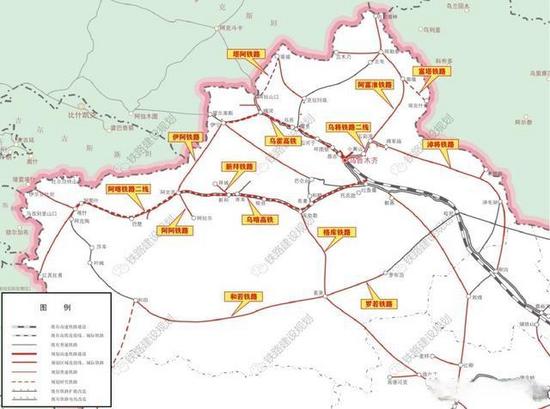 (備註:底圖為2016年國家中長期鐵路網規劃圖,塔城至阿拉山口鐵路為