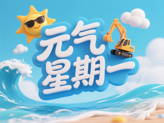 jimeng-2025-06-13-722-字體設(shè)計，字體偏圓形粗體，手寫感，高級3d電商風(fēng)格，中文“元氣星期一”重點突出文字，點綴夏日立體元素如帶著墨鏡的太陽、卡通挖掘機、海浪、云朵點綴在文字背后，....png