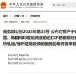 商务部：对原产于欧盟、英国、韩国和印度尼西亚的进口不锈钢钢坯和不锈钢热轧板/卷所适用反倾销措施的期终复审裁定
