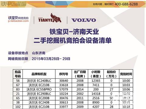 铁宝贝&amp;济南天业沃尔沃专场竞拍会 设备列表及日程单已更新