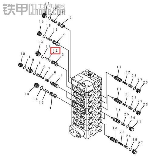 小松130-7分配閥解剖圖，