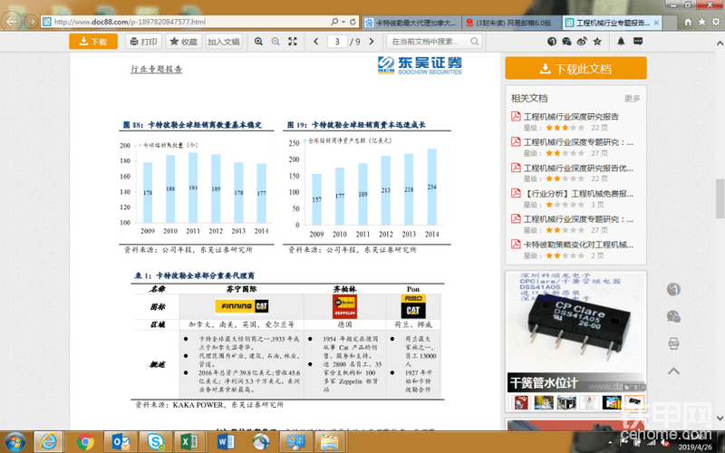 卡特彼勒全球经销商数量在180价左右，数量基本稳定。