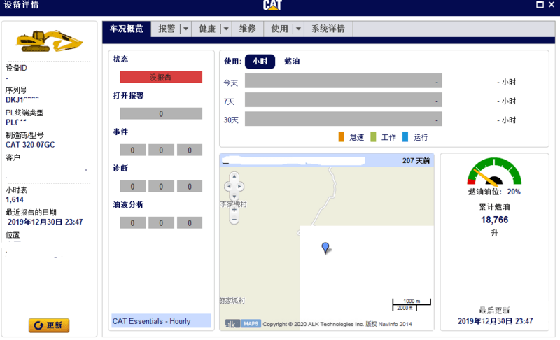 卡特320GC，非智能版，1614小时耗油18766升，平均油耗11.62升；