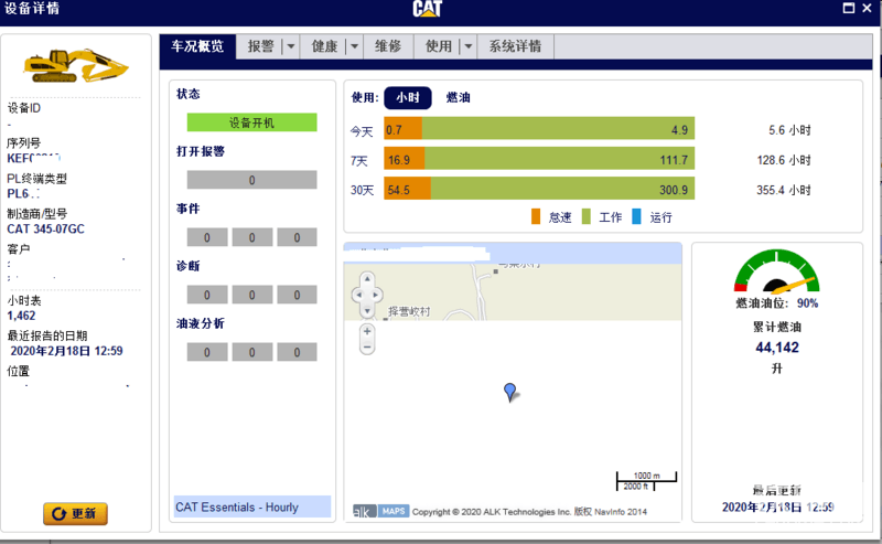 卡特新款345GC(非智能版），1462小时耗油44142升，平均油耗30.19升；