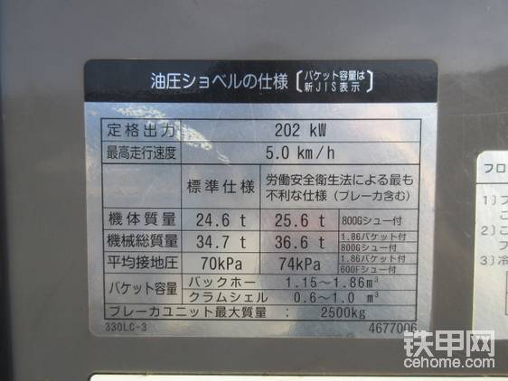 日本人的機(jī)子都有這種基本性能貼牌。最大負(fù)荷2.5噸，質(zhì)量34.7噸。至于斗容就沒(méi)有必要了，因?yàn)檫@臺(tái)車出廠時(shí)就是電磁鐵。
畫(huà)外音：日本人還挺可愛(ài)啊！明明沒(méi)有鏟斗，還要斗容作甚？