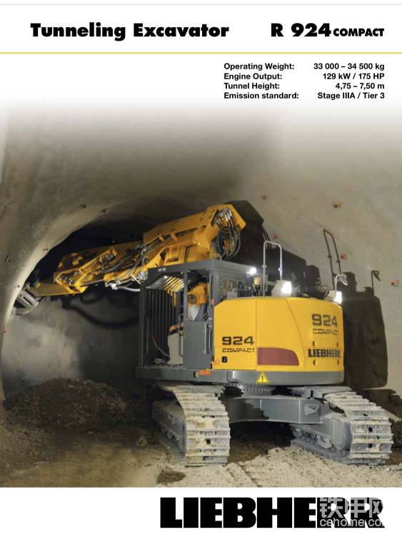 利勃海尔官方技术资料。
性能诸元：全重33-34.5吨
最大功率输出：129千瓦
隧道高度：4.75-7.5米
引擎标准：欧标3A
