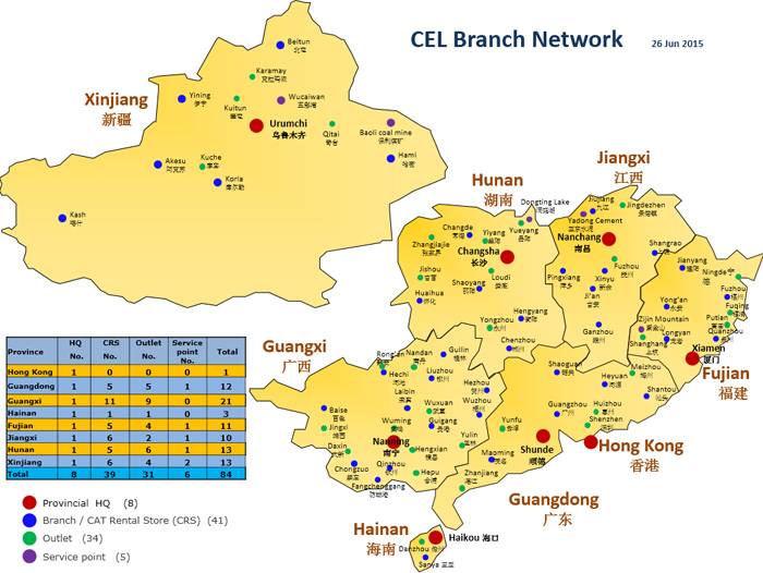 信昌机器代理的区域，几乎占据中国代理面积的一半。
信昌公司从1962年开始成为卡特彼勒产品的独家代理，为代理区域内用户提供卡特彼勒土石方及筑路机械、发电机组、船舶发动机的产品和服务。
卡特彼勒是世界上最大的土方工程机械和建筑机械生产商、也是全世界柴油机、天然气发动机和工业用燃气涡轮机的主要供货商，在世界机械领域享有极高的声誉，是全球500强企业之一。信昌机器作为卡特彼勒亲密合作伙伴，60余年风雨同行。
信昌公司是卡特彼勒在华四家代理中最早取得代理权的，2002年初，取得新疆维吾尔自治区的独家代理，成为卡特彼勒在华代理面积最大的经销商。