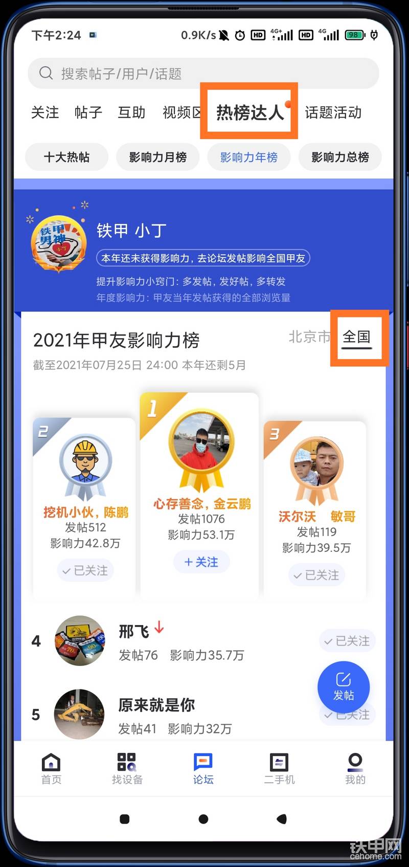 榜單查看方式：打開鐵甲APP——點擊論壇——點擊熱榜達人——選擇影響力年榜即可查看排名。

影響力值：實際上就是你在鐵甲論壇發(fā)布帖子產(chǎn)生的閱讀量，多發(fā)好帖能夠更快的提升影響力值。