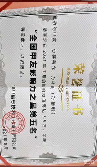 影响力全国第五的奖励