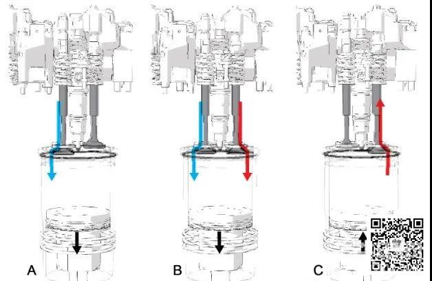A.进气阶段，进气门开启

B.EGR启用 — 进气阶段，进气门和排气门打开

C.排气阶段，排气门打开

EGR阀