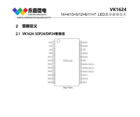 3線串行接口VK1624 SOP24點陣數(shù)顯驅(qū)動芯片