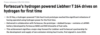 利勃海尔与澳大利亚巨头FMG合作开发氢动力矿卡，首台样车T264下线即将投入测试