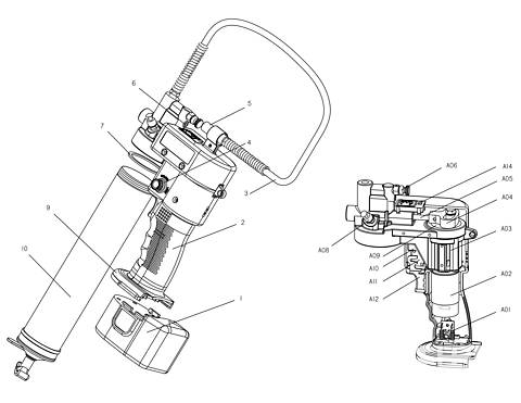 帶軟管快拔功能的電動黃油槍的零部件圖（維修參考用）
